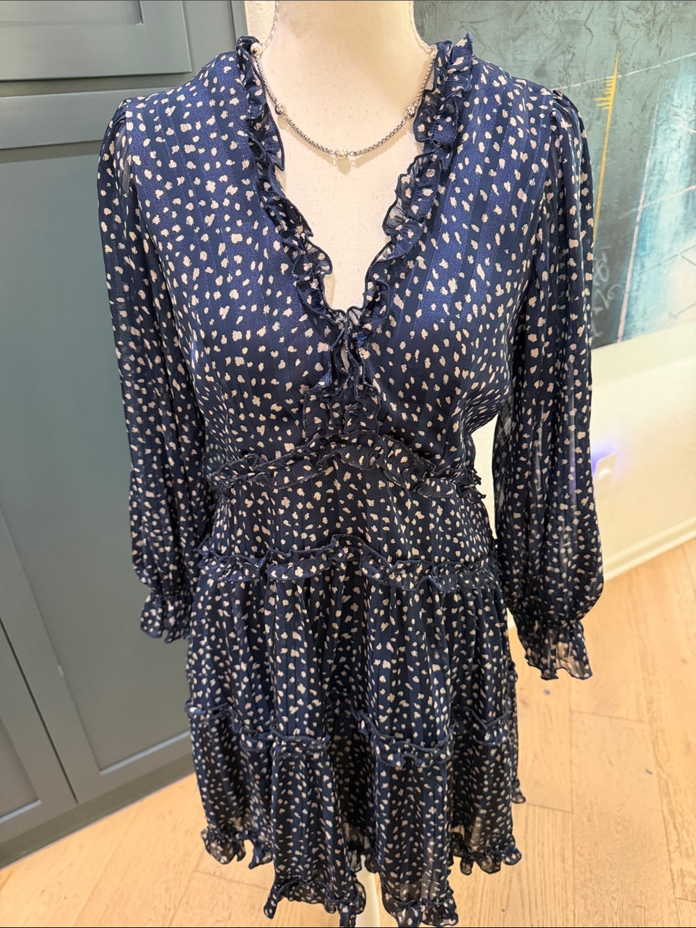 APRICOT Navy Blue Ruffle Tiered Mini Dress with Cream Spots SZ 6 Flowy